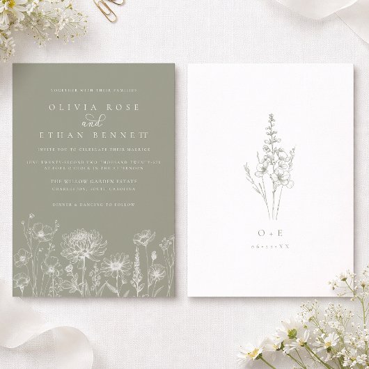 Sage Green Wildflower Line Art Wedding  Kaart
