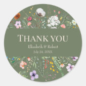 Sage Green Wildflower Meadow Bruiloft Dank u Ronde Sticker (Voorkant)
