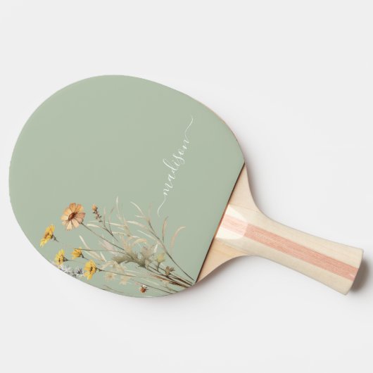 Sage Green Wildflower Modern Monogram Elegant Tafeltennisbatje (Zijkant)