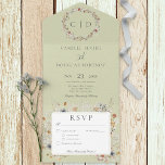 Sage Green  Wildflower Romantic Dinner All In One Uitnodiging<br><div class="desc">OOK BESCHIKBAAR IN STIJLEN ZONDER DINNEROPTIES OF MET EEN QR-CODE Dit geïnspireerde ontwerp kenmerkt een monogram van de initialen van het stel omringd door een prachtige poot van delicate bloemen in stoffige periwinkle blauw, maroon, lavendel, stoffige roze, ivoor, zacht geel en groen. De stoffige lichte groene achtergrond heeft een verouderde,...</div>