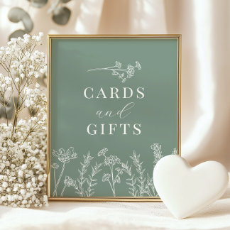 Sage Green Wildflower Shower Cards and Gifts Sign Poster