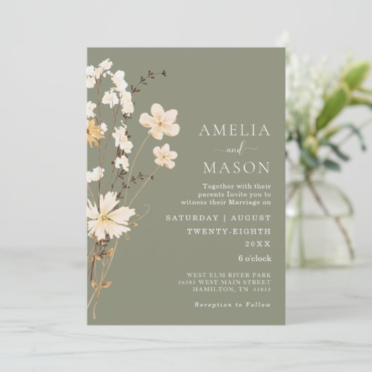 Sage Green Wildflower Wedding Invitation Kaart (Staand voorkant)
