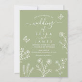 Sage Green Wildflower Wedding Invitation Kaart (Voorkant)