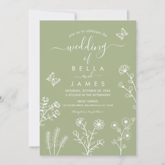 Sage Green Wildflower Wedding Invitation Kaart (Voorkant)