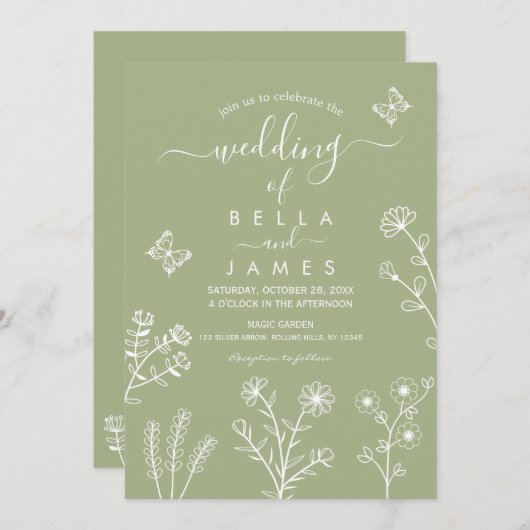 Sage Green Wildflower Wedding Invitation Kaart (Voorkant / Achterkant)