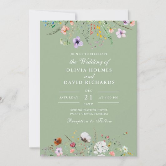 Sage Green Wildflower Wedding Invitation Kaart (Voorkant)
