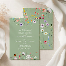 Sage Green Wildflower Wedding Invitation Kaart