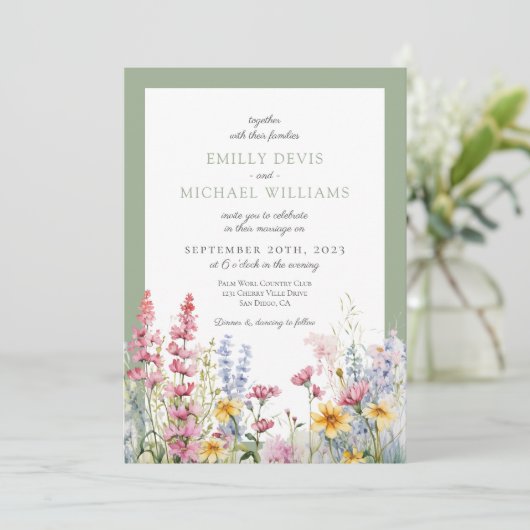 Sage Green Wildflower Wedding Kaart (Staand voorkant)