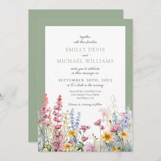 Sage Green Wildflower Wedding Kaart (Voorkant / Achterkant)