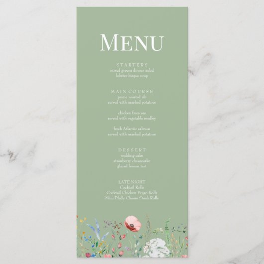 Sage Green Wildflower Wedding Menu Kaart (Voorkant)