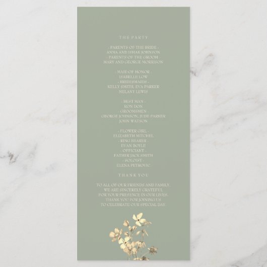 Sage Green Wildflower Wedding Programme Programmakaart (Achterkant)
