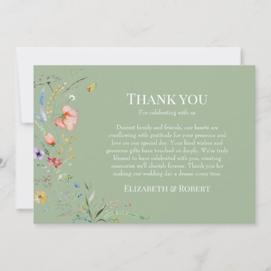 Sage Green Wildflower Wedding Thank You Card Bedankkaart (Voorkant)