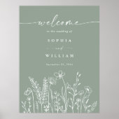 Sage Green Wildflower Wedding Welkomstbord Poster (Voorkant)