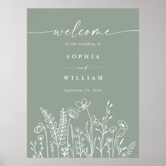 Sage Green Wildflower Wedding Welkomstbord Poster (Voorkant)