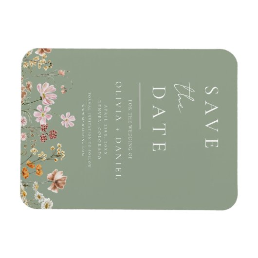 Sage Green Wildflowers Boho Bewaar de datum Magneet (Horizontaal)