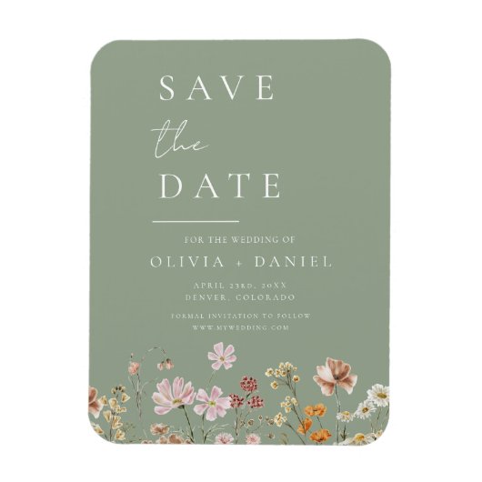 Sage Green Wildflowers Boho Bewaar de datum Magneet (Verticaal)