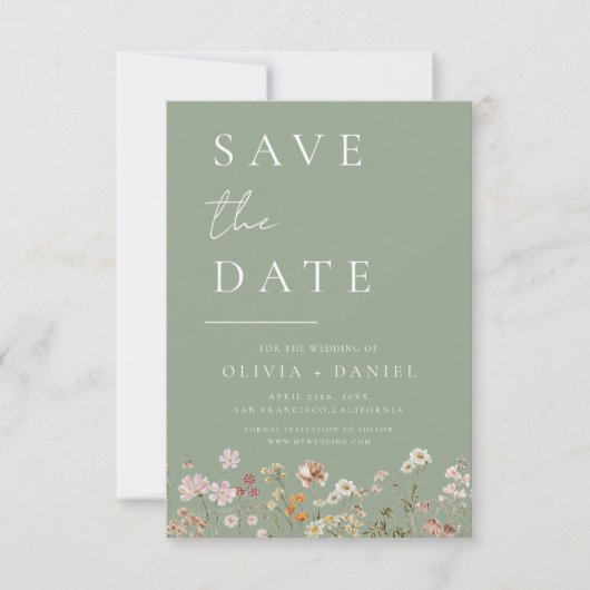 Sage Green Wildflowers Boho Bewaar de datum Save The Date (Voorkant)