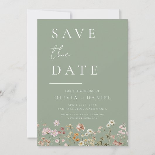Sage Green Wildflowers Boho Bewaar de datum Save The Date (Voorkant)