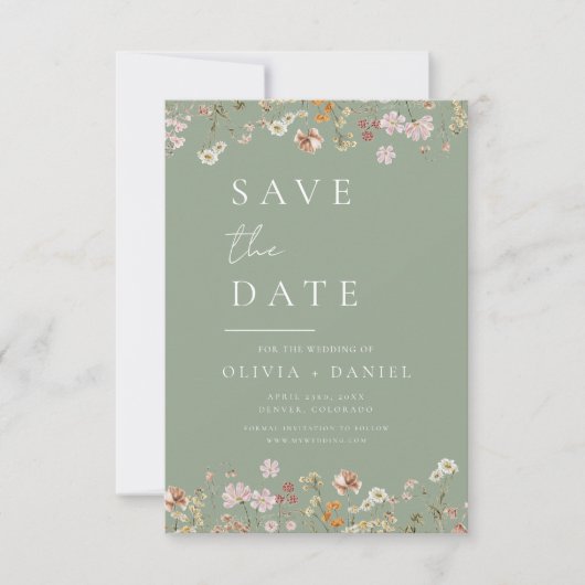 Sage Green Wildflowers Boho Bewaar de datum Save The Date (Voorkant)