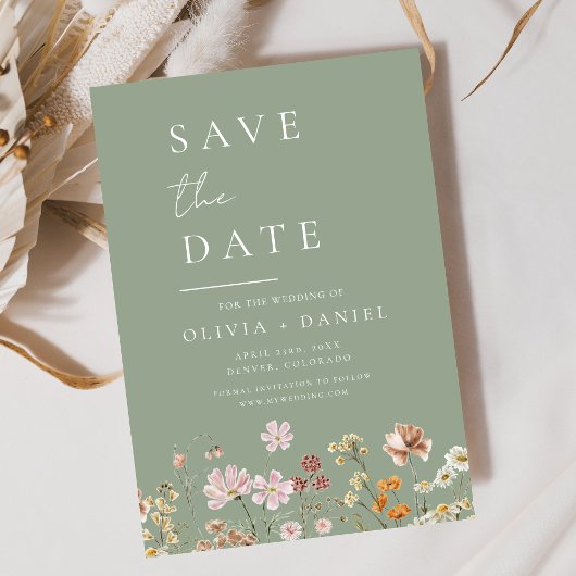 Sage Green Wildflowers Boho Bewaar de datum Save The Date
