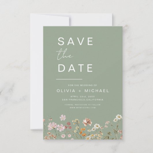 Sage Green Wildflowers Boho Bewaar de datum Save The Date (Voorkant)