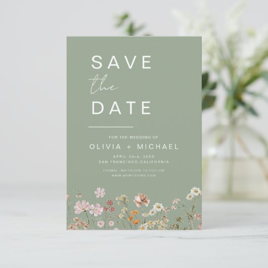 Sage Green Wildflowers Boho Bewaar de datum Save The Date (Staand voorkant)