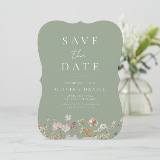 Sage Green Wildflowers Boho Bewaar de datum Save The Date (Staand voorkant)
