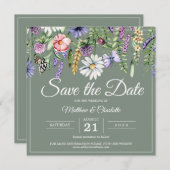 Sage Green Wildflowers Boho Save The Date (Voorkant / Achterkant)