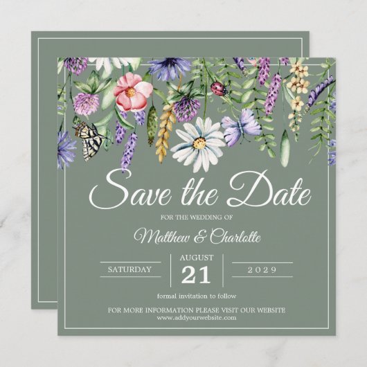 Sage Green Wildflowers Boho Save The Date (Voorkant / Achterkant)