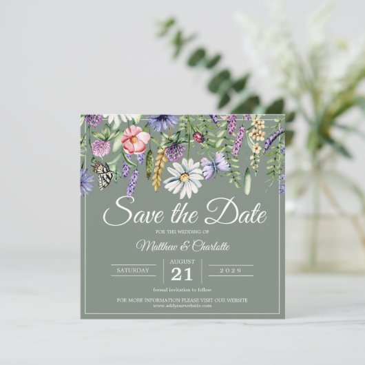 Sage Green Wildflowers Boho Save The Date (Staand voorkant)