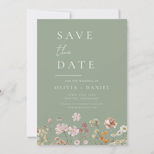 Sage Green Wildflowers Foto Boho Bewaar de datum Save The Date (Voorkant)