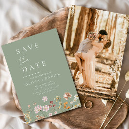 Sage Green Wildflowers Foto Boho Bewaar de datum Save The Date
