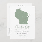 Sage Green Wisconsin Kaart Modern Save the Date (Voorkant / Achterkant)