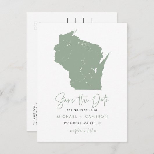 Sage Green Wisconsin Kaart Modern Save the Date (Voorkant / Achterkant)
