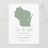 Sage Green Wisconsin Kaart Modern Save the Date (Voorkant)