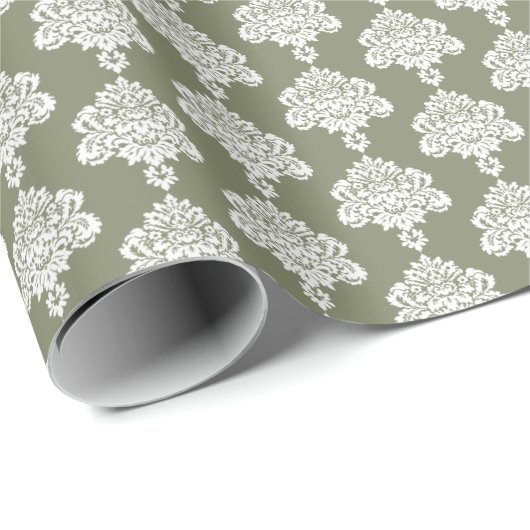 Sage Green | Wit Damast inpakpapier (Rol Hoek)