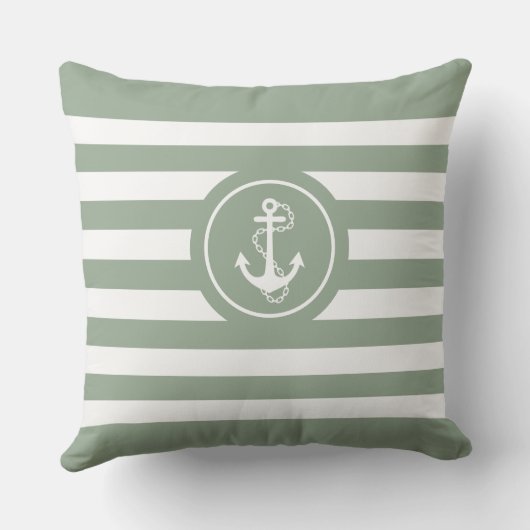 Sage-Green & Witte Strepen Nautisch Anker Kussen (Achterkant)