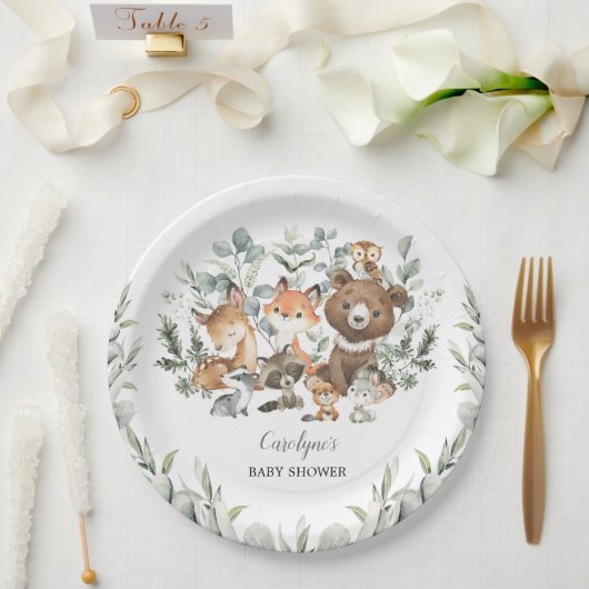 Sage Green Woodland Animals Eucalyptus Baby shower Papieren Bordje (Huwelijk)
