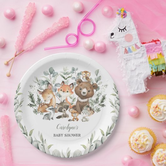 Sage Green Woodland Animals Eucalyptus Baby shower Papieren Bordje (Feest)