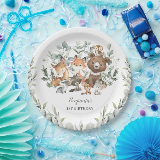 Sage Green Woodland Animals Eucalyptus Birthday Papieren Bordje (Feest)