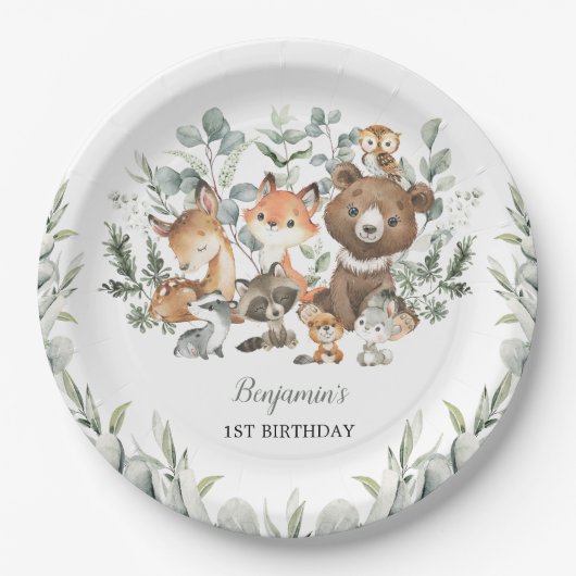 Sage Green Woodland Animals Eucalyptus Birthday Papieren Bordje (Voorkant)