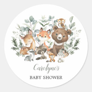Sage Green Woodland Animals Greenery Baby shower Ronde Sticker