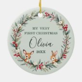 Sage Green Woodland Baby First Christmas Photo Keramisch Ornament (Achterkant)