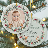 Sage Green Woodland Baby First Christmas Photo Keramisch Ornament