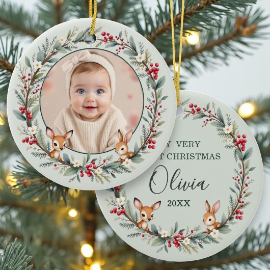 Sage Green Woodland Baby First Christmas Photo Keramisch Ornament