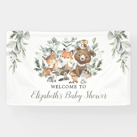 Sage Green Woodland Forest Animals Baby Welkom Spandoek (Horizontaal)