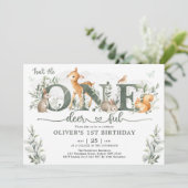 Sage Green Woodland One-deerful 1st Birthday Boy Kaart (Staand voorkant)
