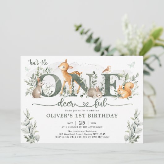 Sage Green Woodland One-deerful 1st Birthday Boy Kaart (Staand voorkant)