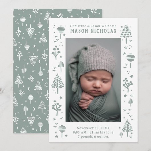 Sage Green Woodlands Foto Geboorte Aankondiging (Voorkant / Achterkant)
