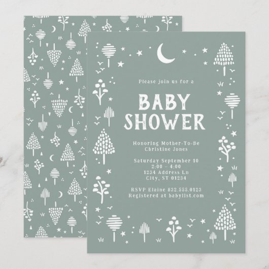 Sage Green Woodlands & Stars Baby shower Kaart (Voorkant / Achterkant)